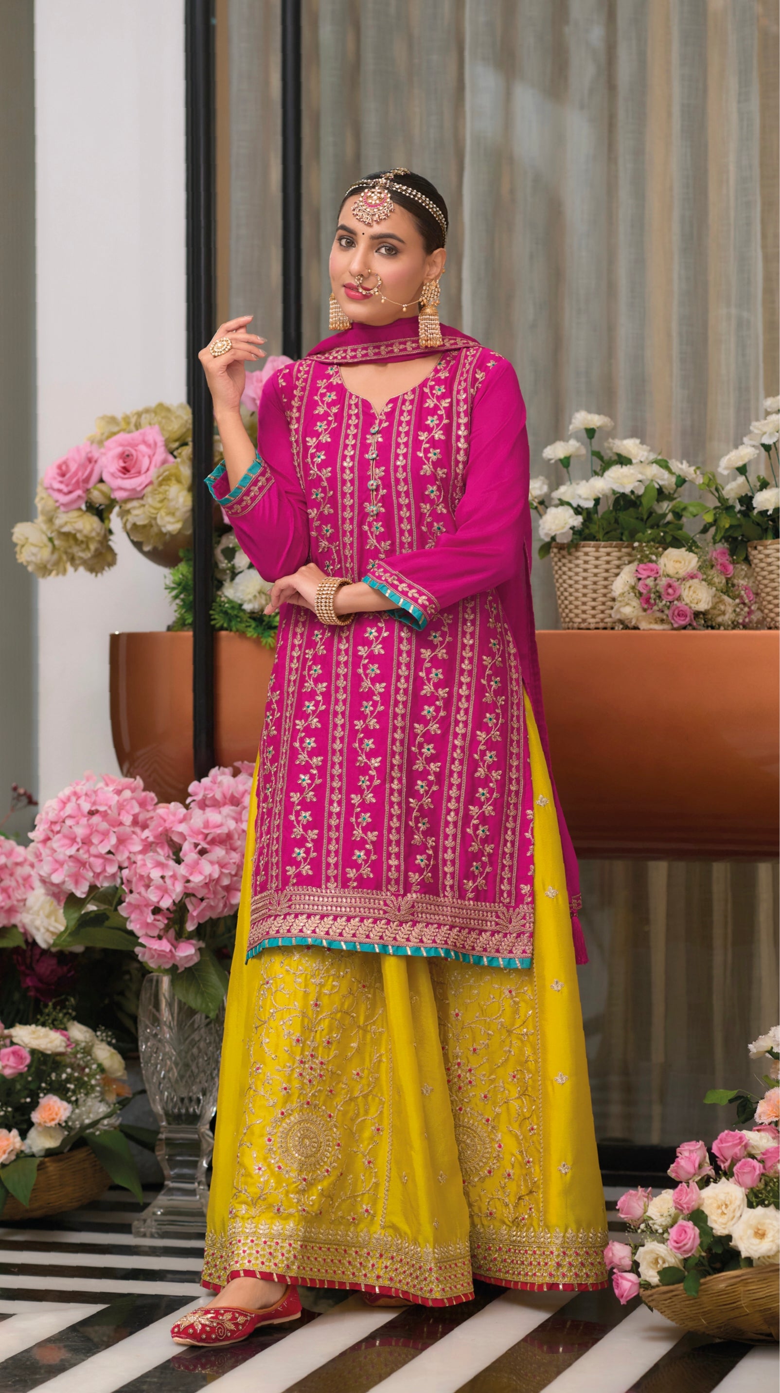 Pink and Yellow Embroidered Sharara Suit with Dupatta