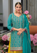 Teal and Yellow Chinon Embroidered Sharara Suit with Dupatta