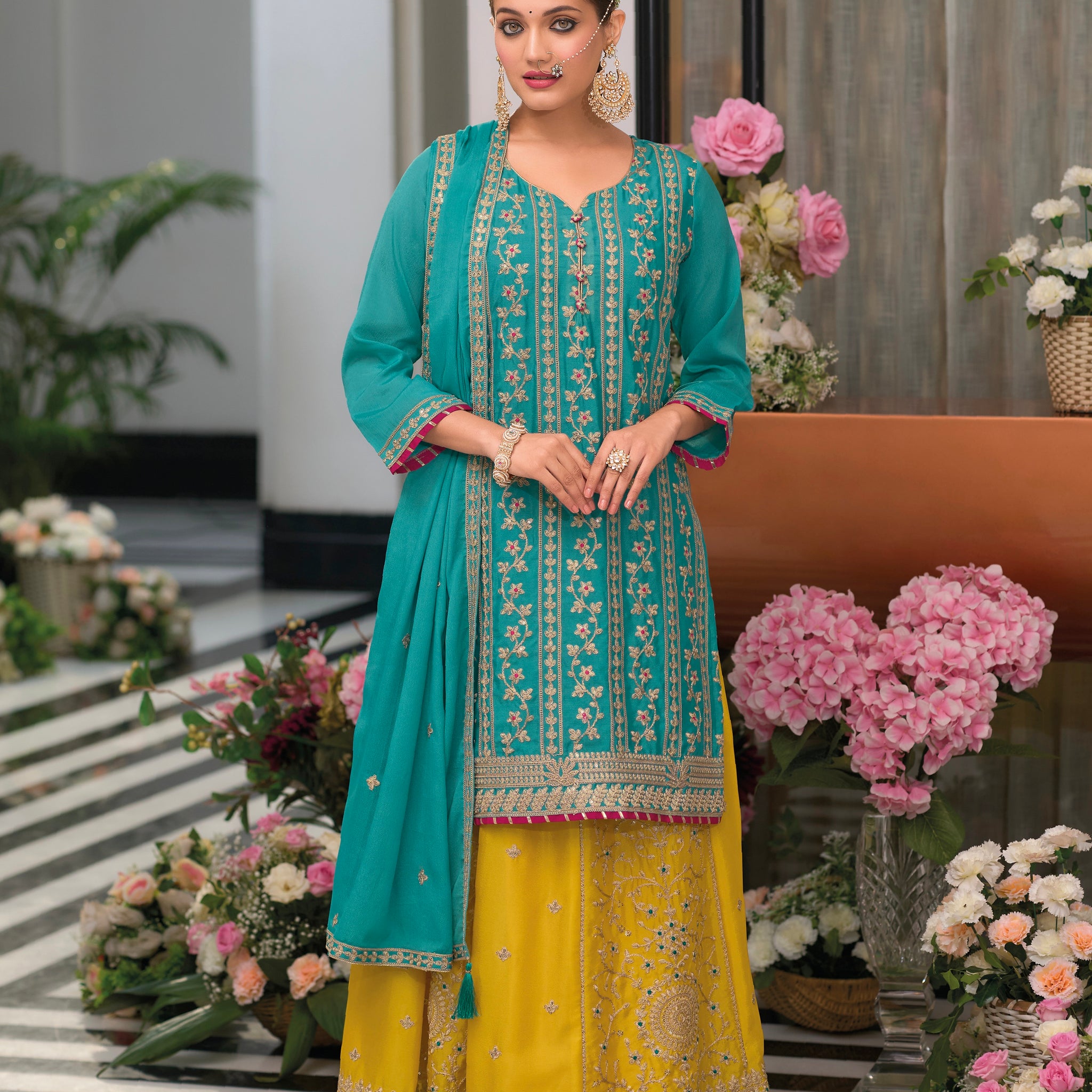 Teal and Yellow Chinon Embroidered Sharara Suit with Dupatta