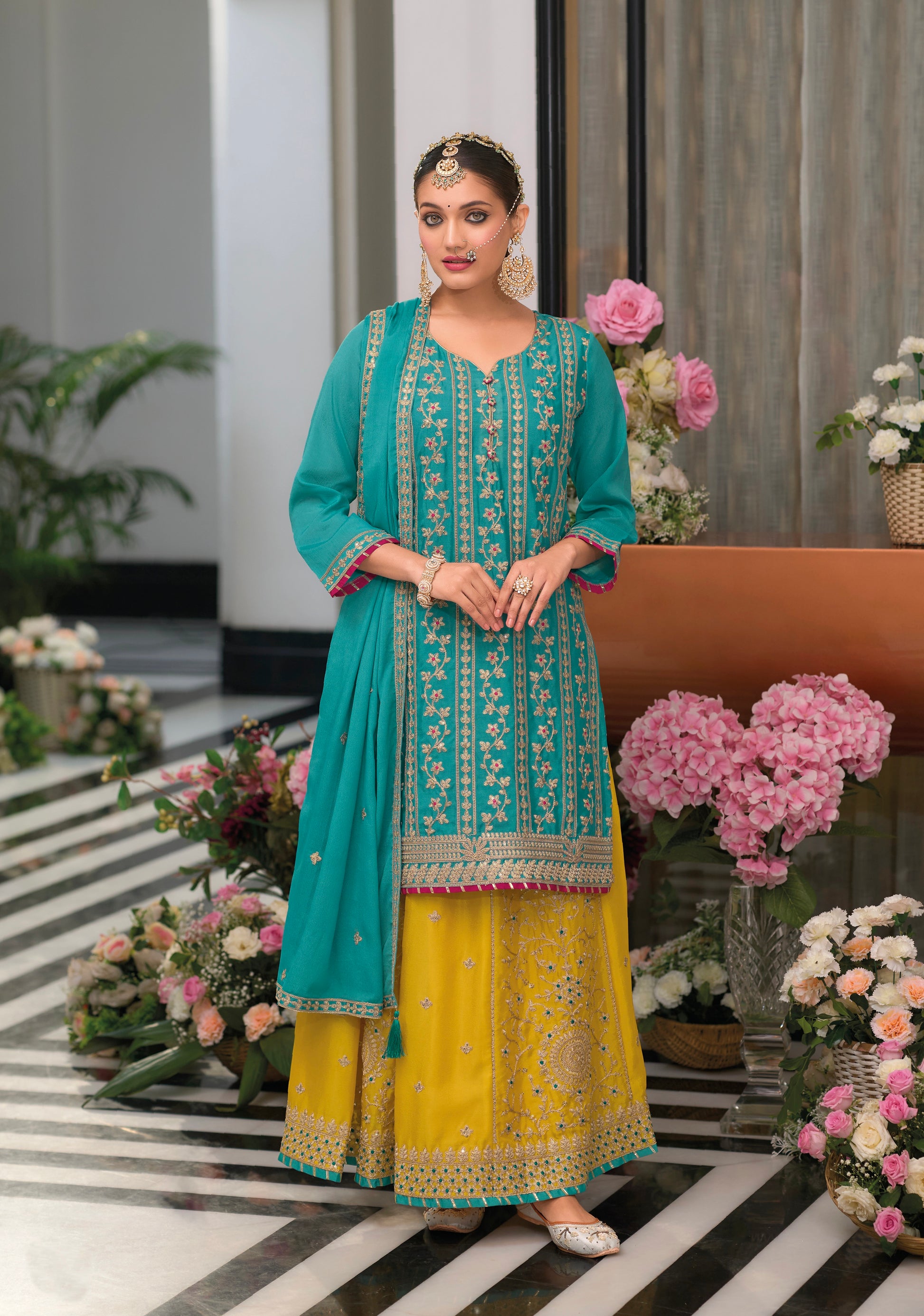 Teal and Yellow Chinon Embroidered Sharara Suit with Dupatta