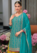 Teal and Yellow Chinon Embroidered Sharara Suit with Dupatta