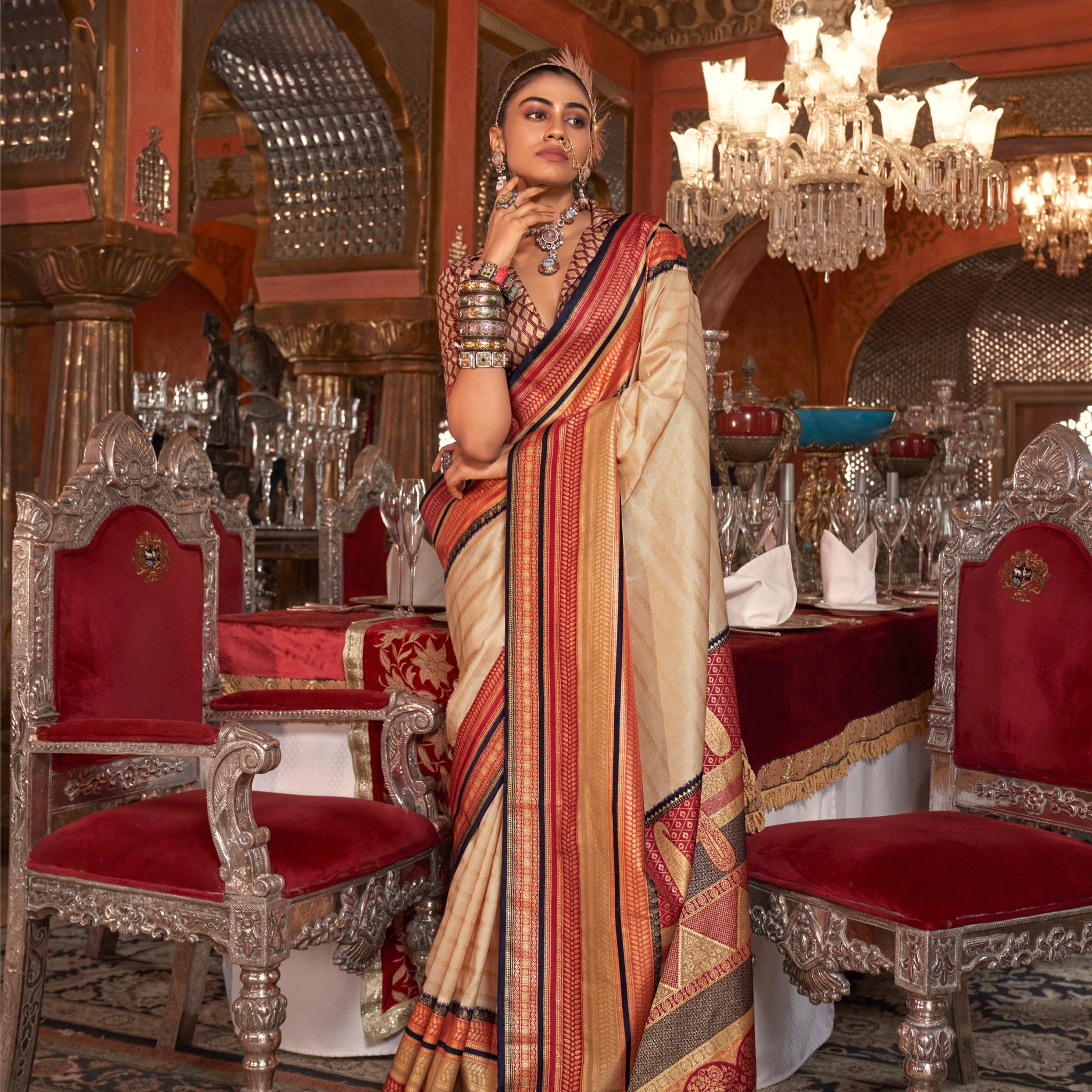 Orange Kanjivaram Silk Saree with Traditional Gold Weaving