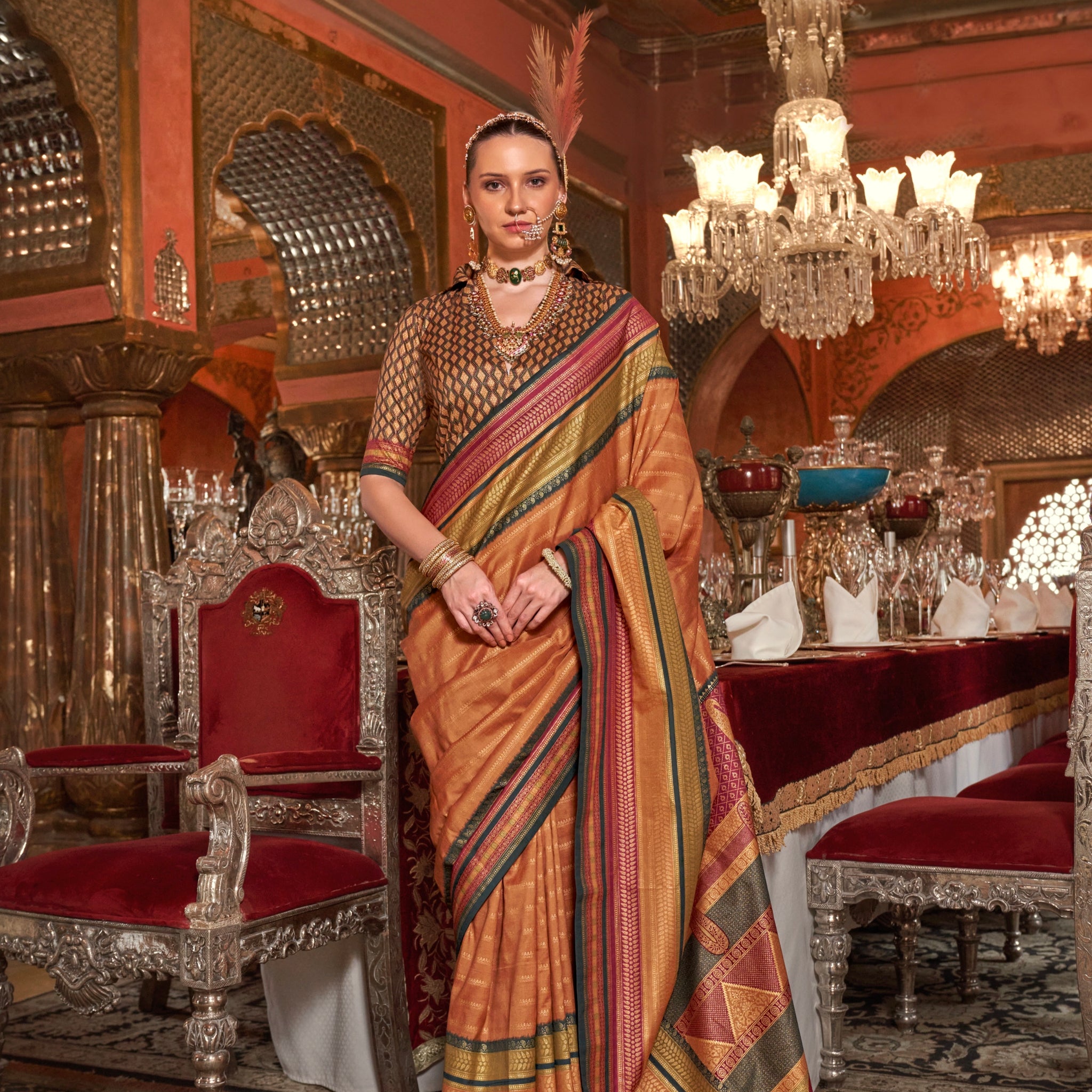 Orange Kanjivaram Silk Saree with Gold Embroidery