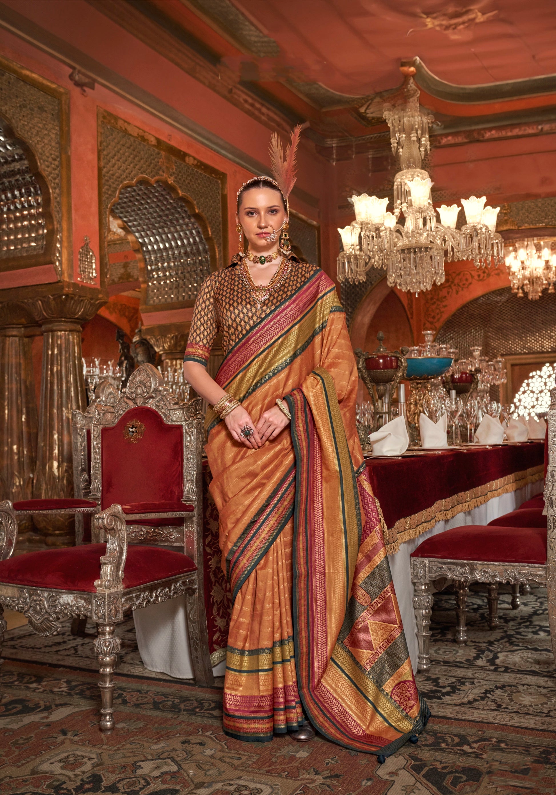 Orange Kanjivaram Silk Saree with Gold Embroidery