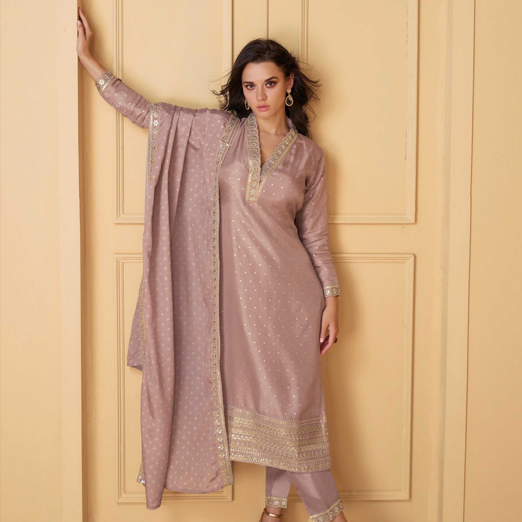 Lavender Viscose Jacquard Silk Straight-Cut Suit & Embroidered Dupatta