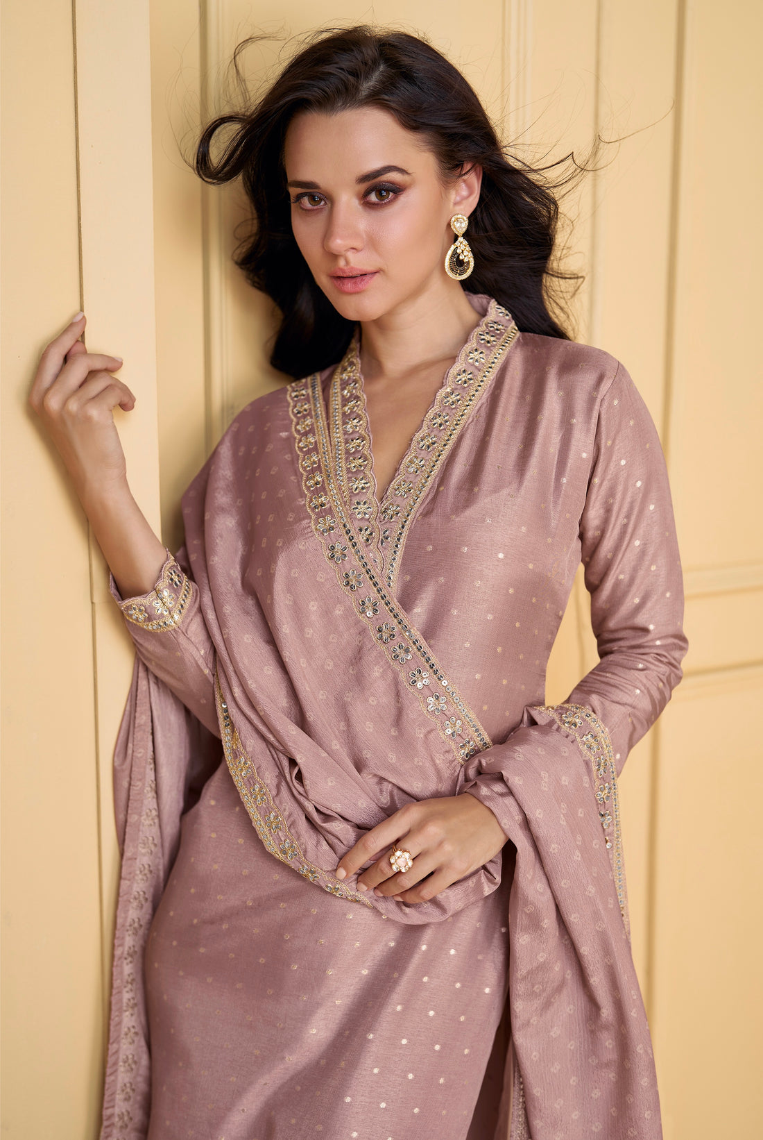 Lavender Viscose Jacquard Silk Straight-Cut Suit & Embroidered Dupatta