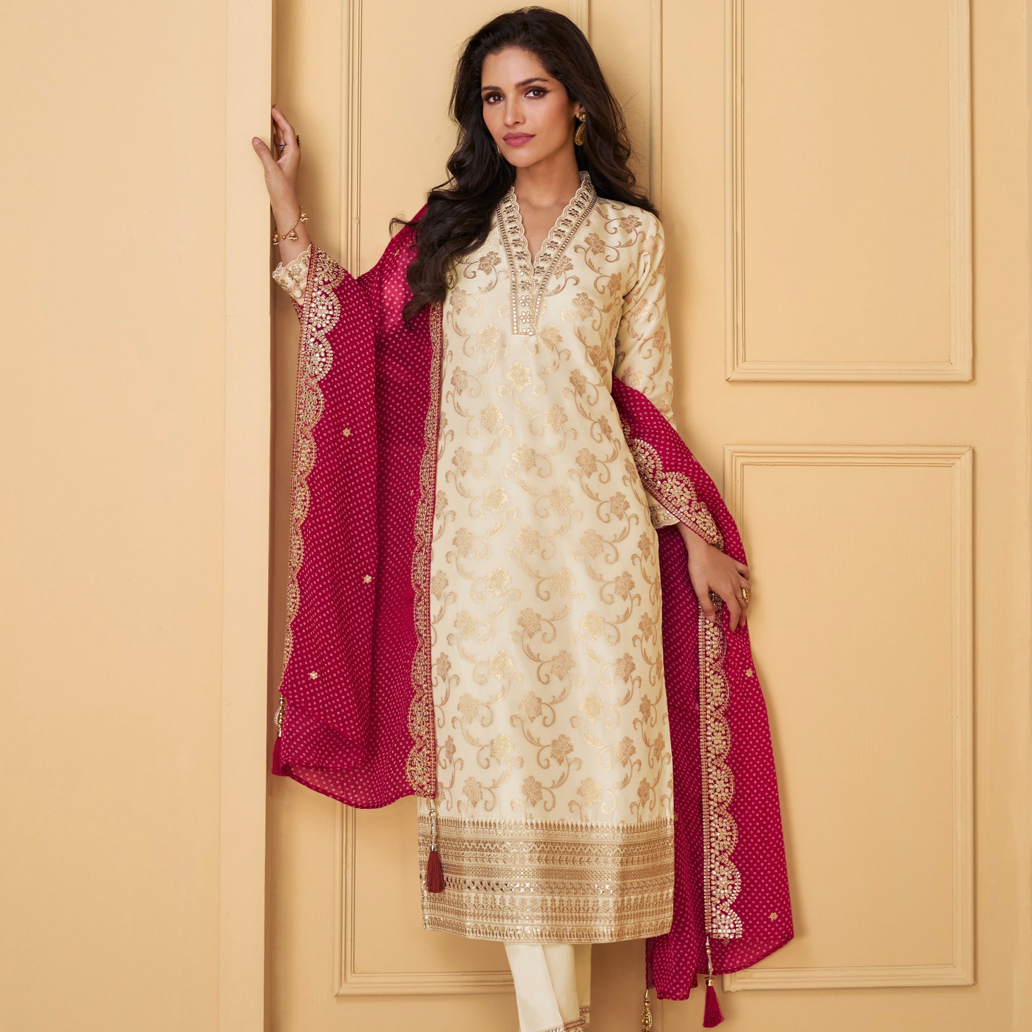 Ivory Viscose Jacquard Silk Straight-Cut Suit & Embroidered Dupatta