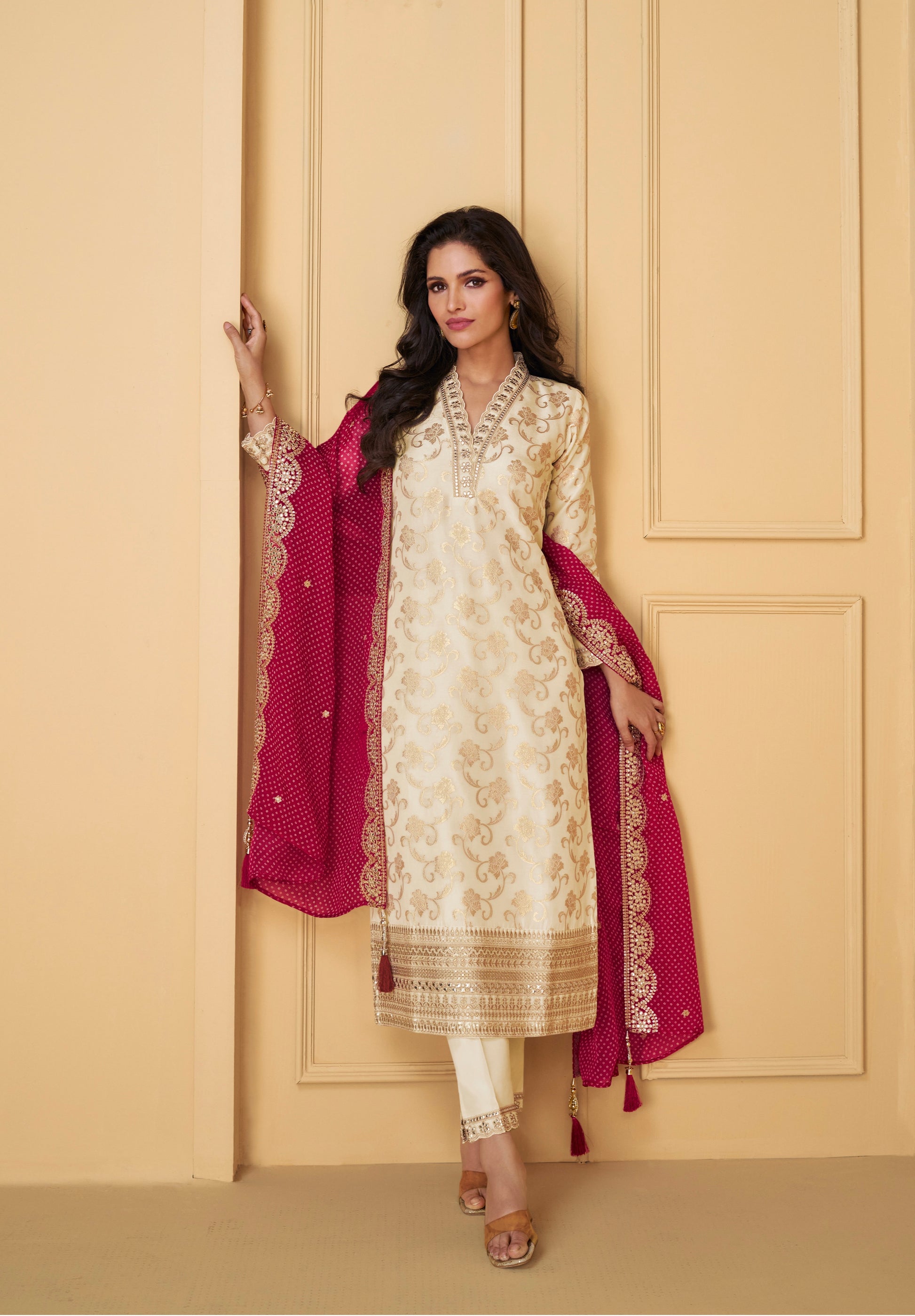 Ivory Viscose Jacquard Silk Straight-Cut Suit & Embroidered Dupatta