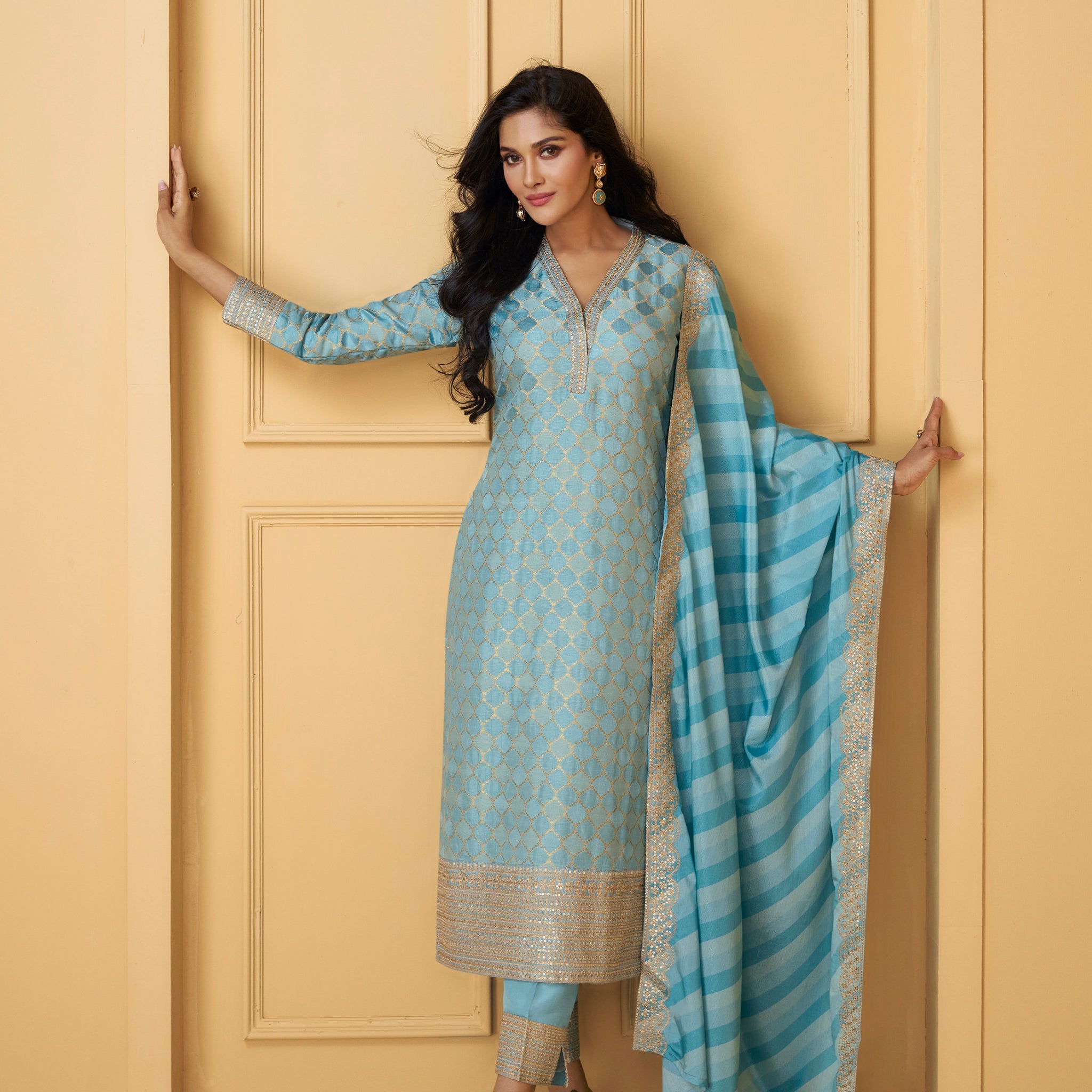 Soft Blue Viscose Jacquard Silk Straight-Cut Suit & Dupatta