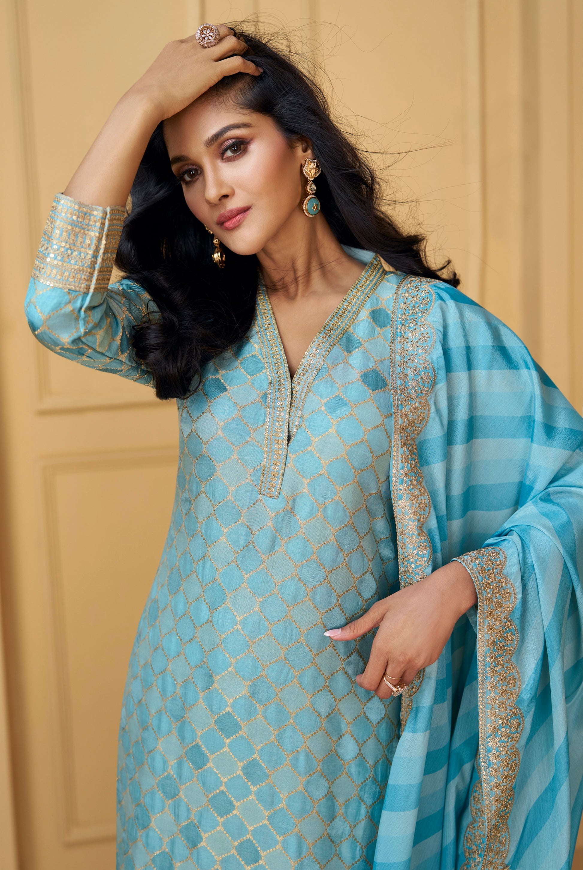 Soft Blue Viscose Jacquard Silk Straight-Cut Suit & Dupatta