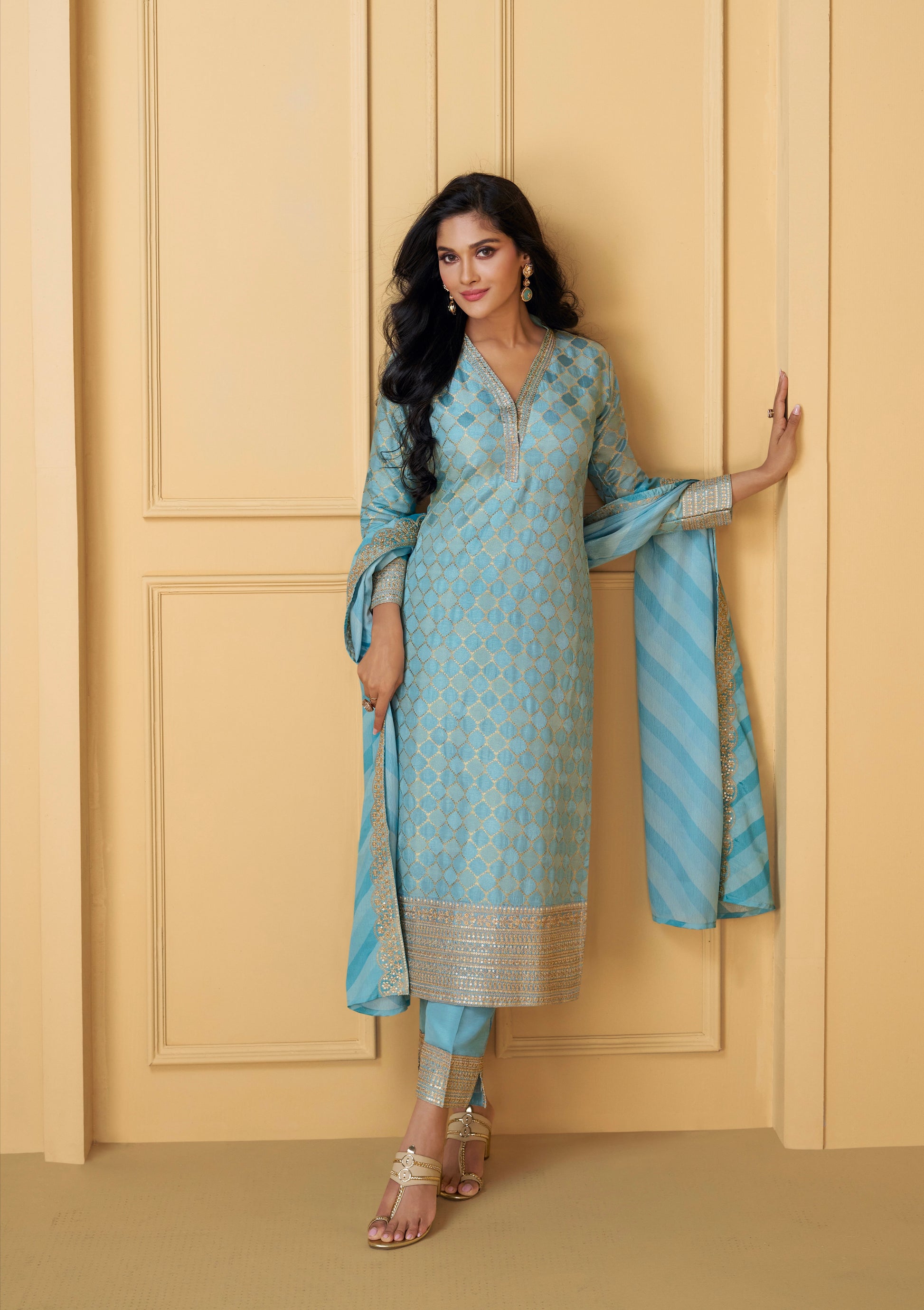 Soft Blue Viscose Jacquard Silk Straight-Cut Suit & Dupatta