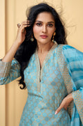 Soft Blue Viscose Jacquard Silk Straight-Cut Suit & Dupatta