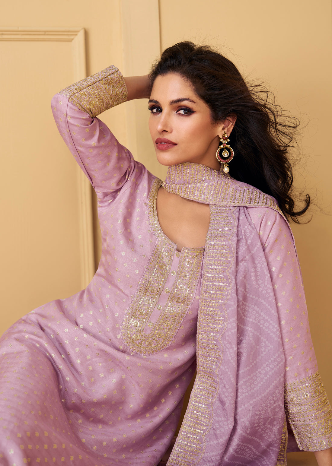 Mauve Viscose Jacquard Silk Straight-Cut Suit & Embroidered Dupatta