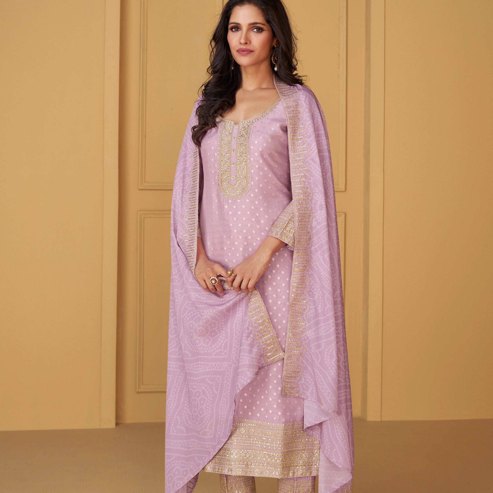 Mauve Viscose Jacquard Silk Straight-Cut Suit & Embroidered Dupatta