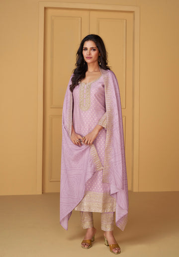 Mauve Viscose Jacquard Silk Straight-Cut Suit & Embroidered Dupatta