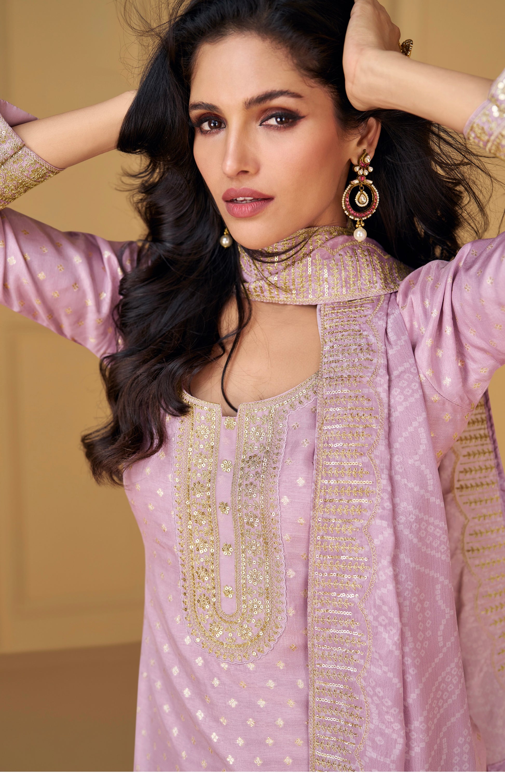 Mauve Viscose Jacquard Silk Straight-Cut Suit & Embroidered Dupatta