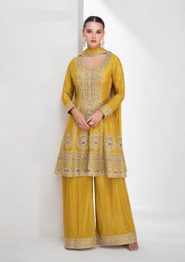 Mustard Yellow Sharara Suit with Exquisite Embroidery in Chinnon Silk