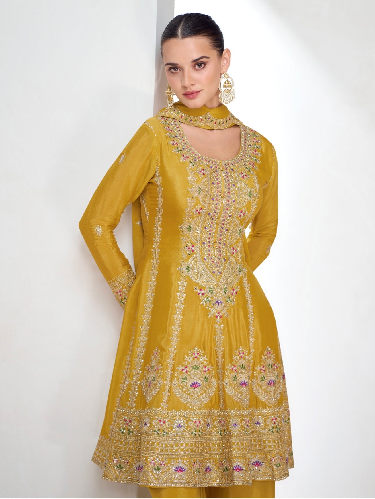 Mustard Yellow Sharara Suit with Exquisite Embroidery in Chinnon Silk