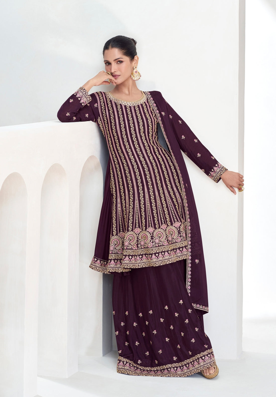 Deep Wine Sharara Suit with Luxurious Embroidery