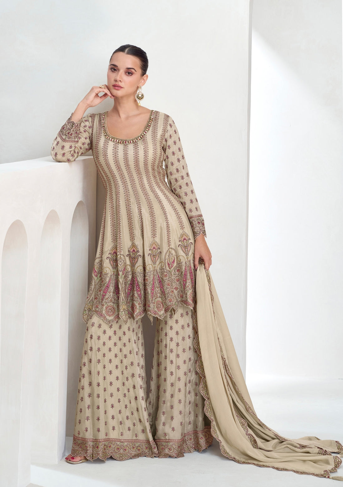 Beige Sharara Suit with Exquisite Traditional Embroidery