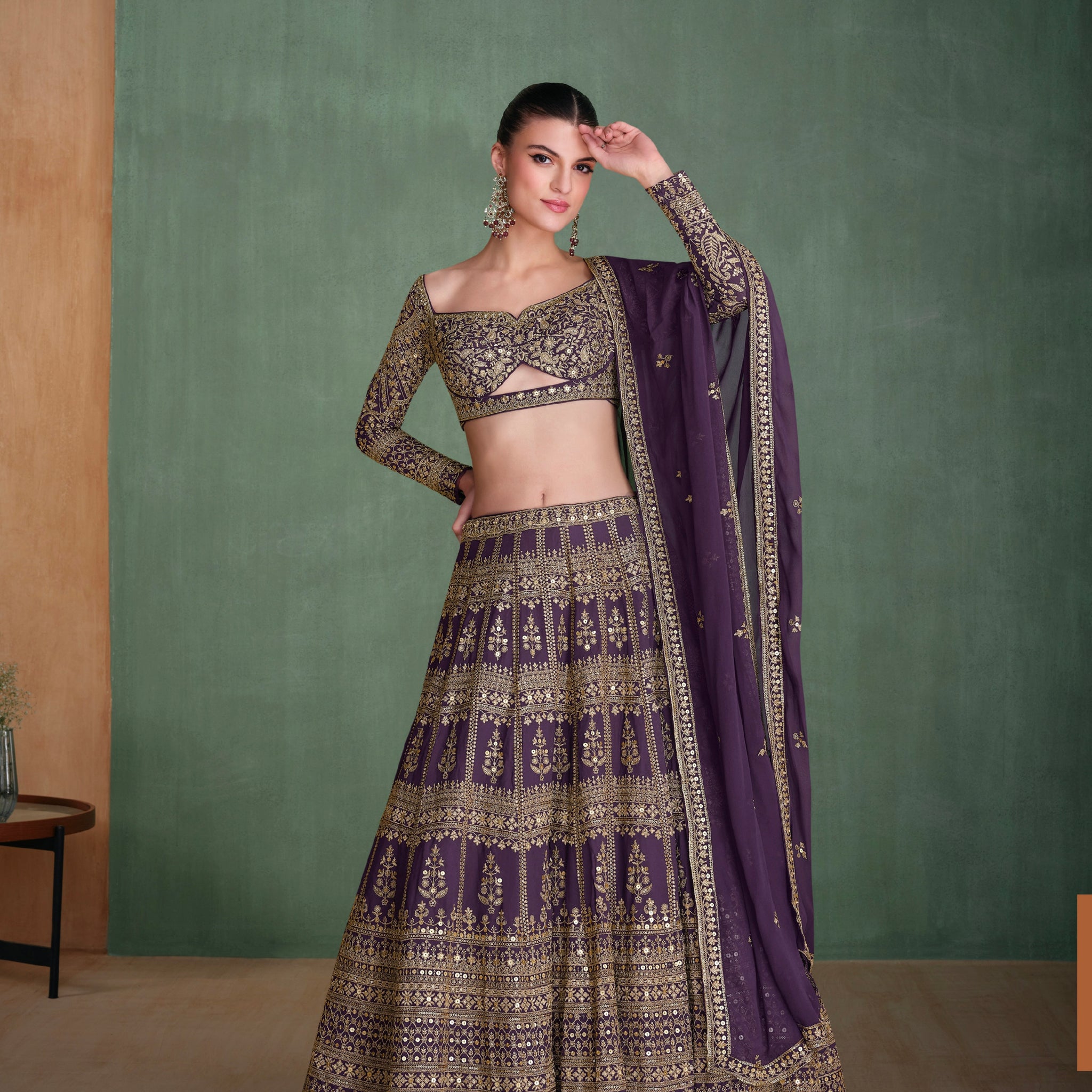 Violet Georgette Bridal Lehenga with Heavy Embroidery