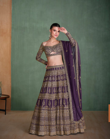 Violet Georgette Bridal Lehenga with Heavy Embroidery