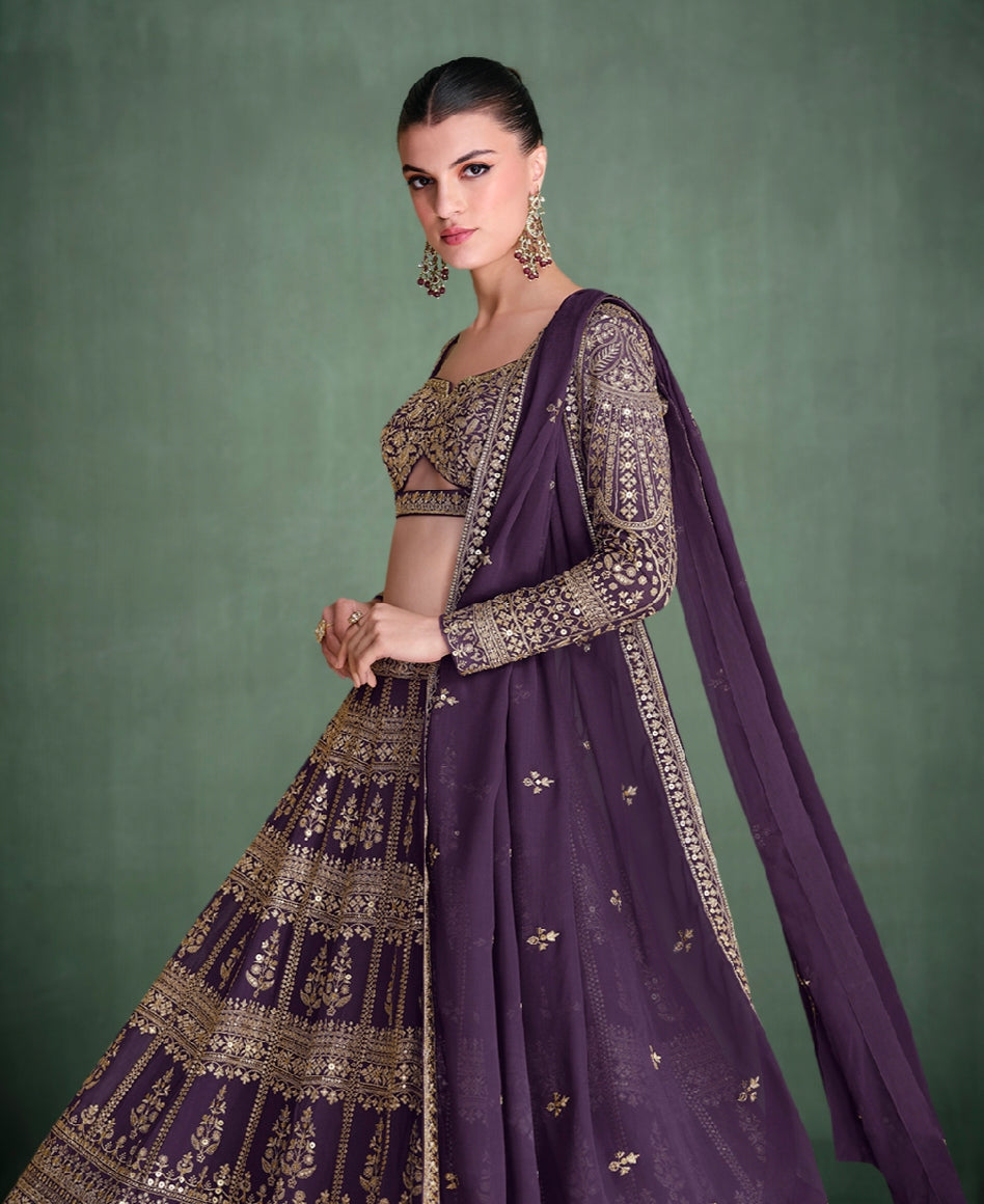 Violet Georgette Bridal Lehenga with Heavy Embroidery