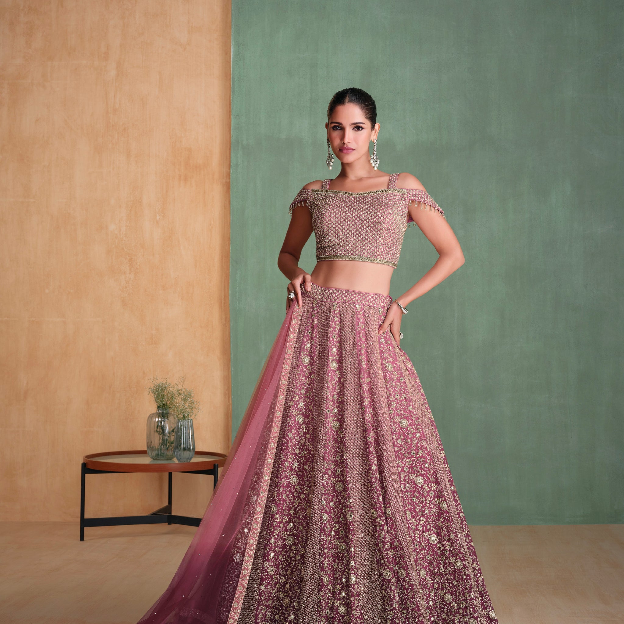 Rose Pink Bridal Lehenga with Mirror and Thread Work