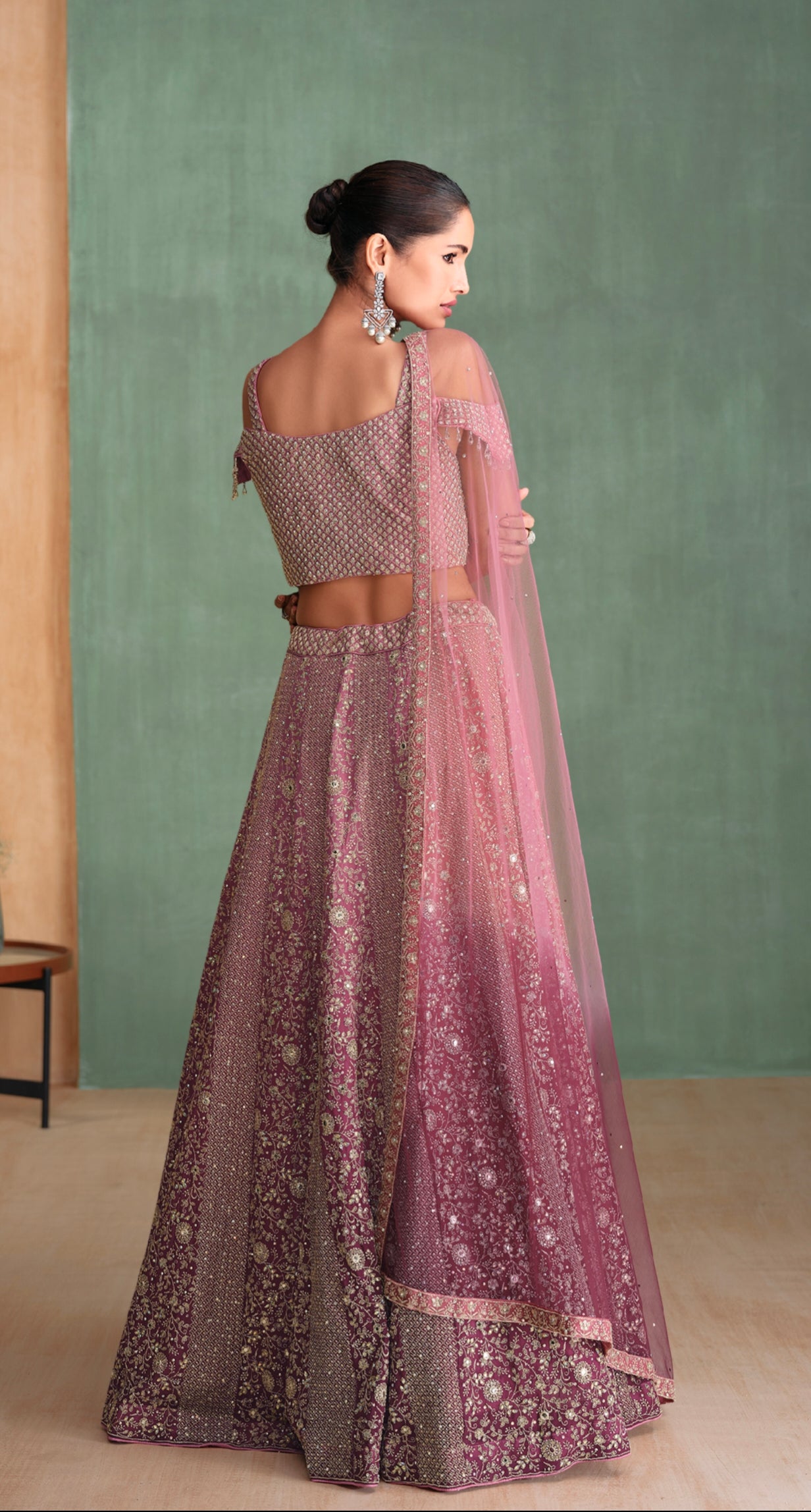 Rose Pink Bridal Lehenga with Mirror and Thread Work