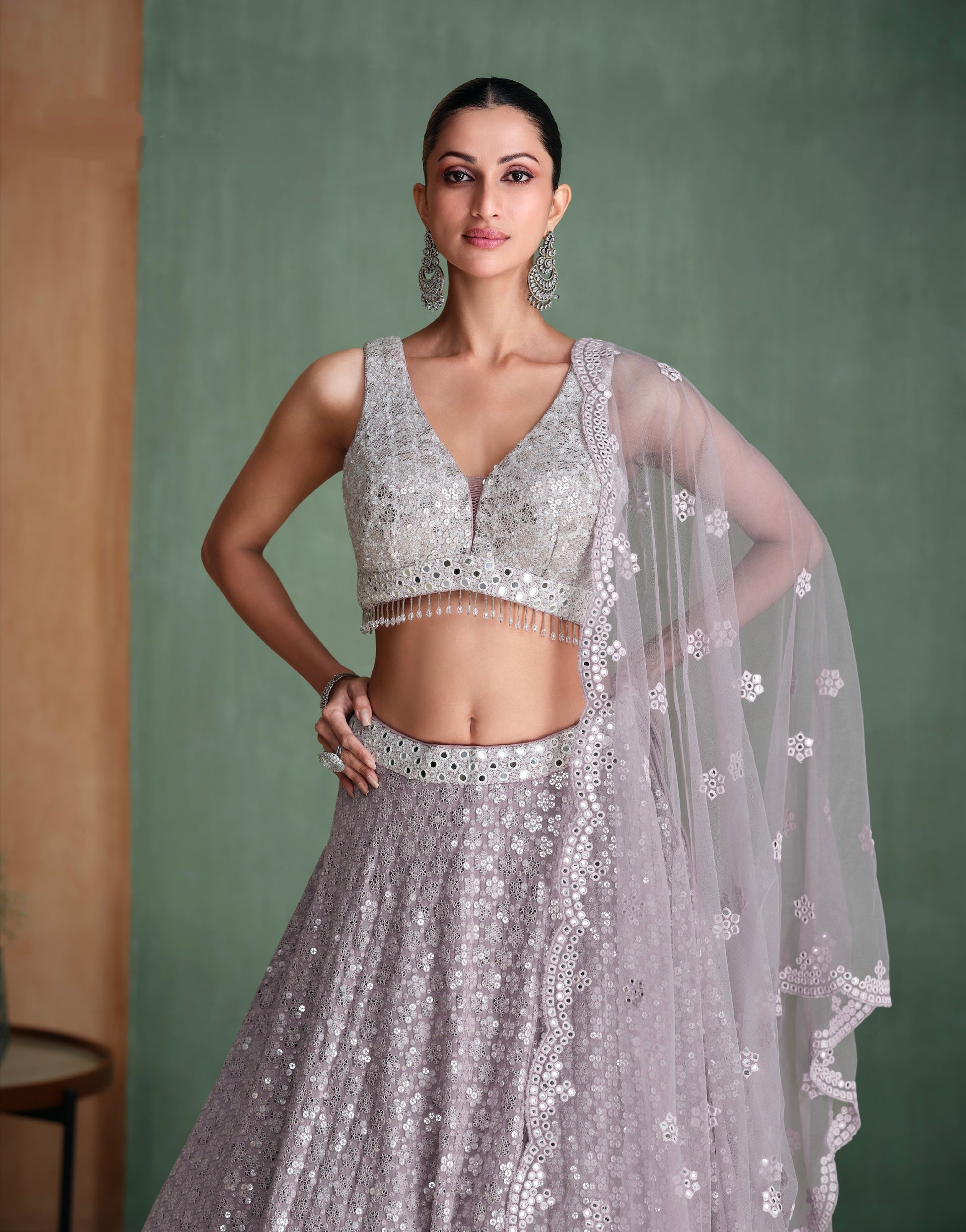 Silver Grey Sequined Georgette Bridal Lehenga with Modern Embroidery