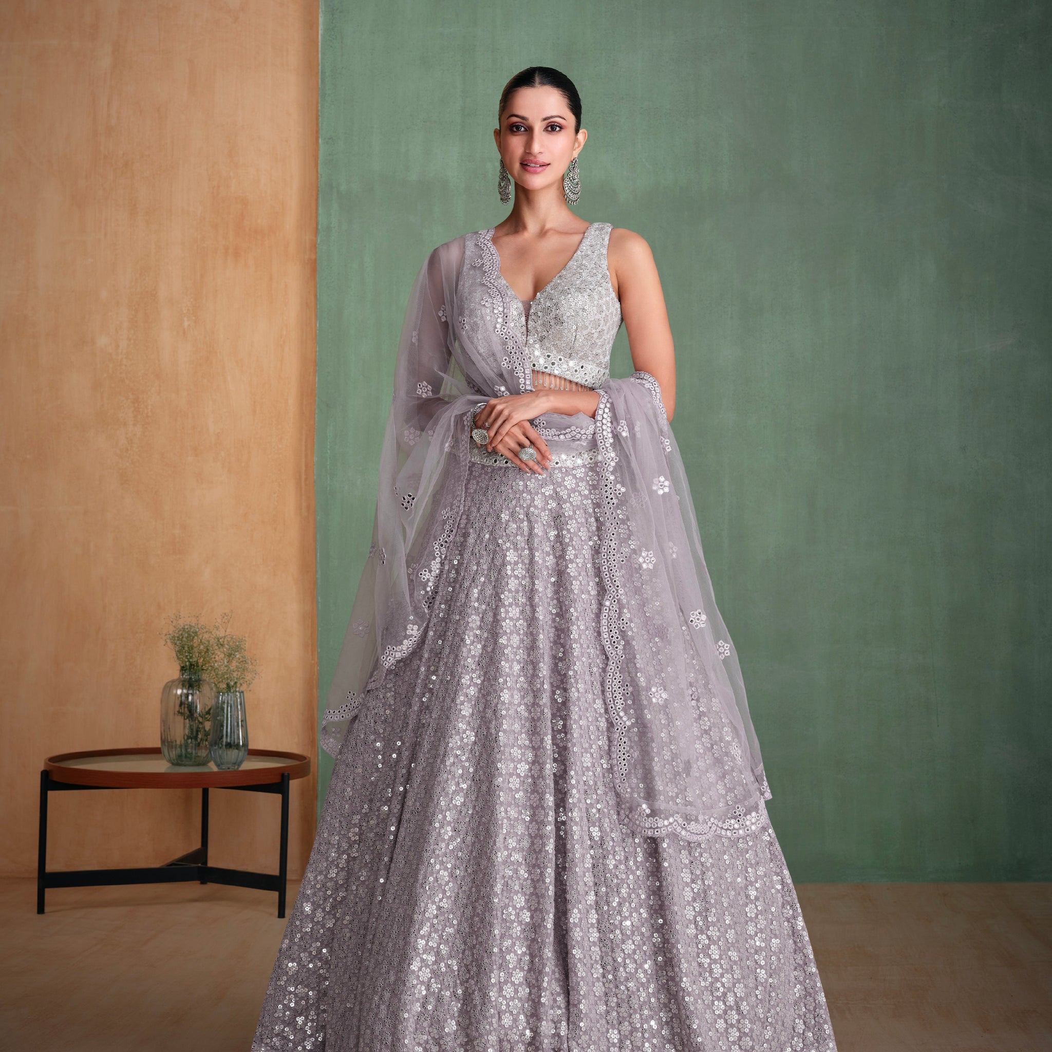 Silver Grey Sequined Georgette Bridal Lehenga with Modern Embroidery