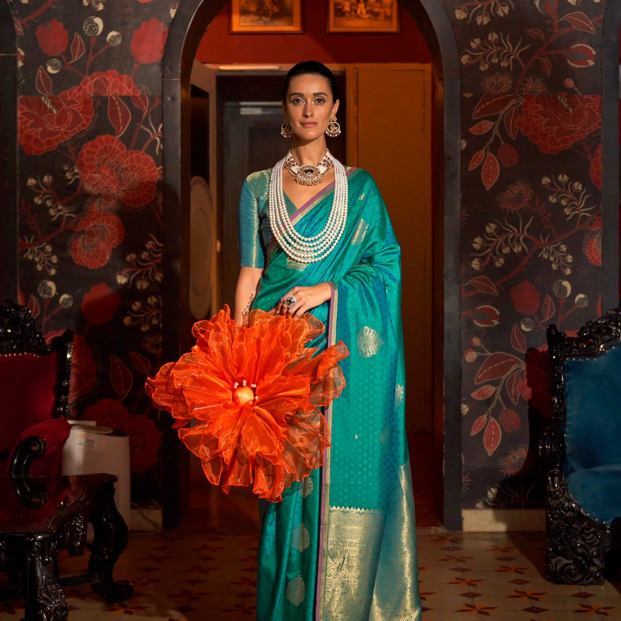 Turquoise Blue Handloom Silk Saree with Intricate Zari Weaving