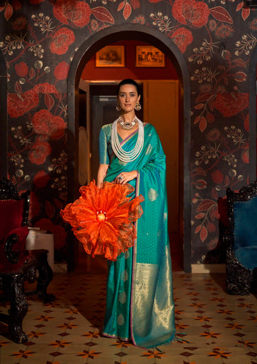 Turquoise Blue Handloom Silk Saree with Intricate Zari Weaving