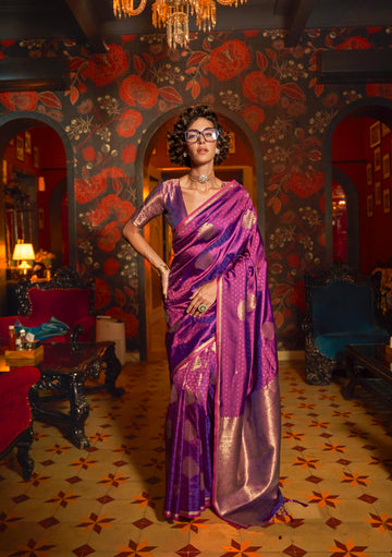 Purple Handloom Silk Saree with Intricate Zari Work