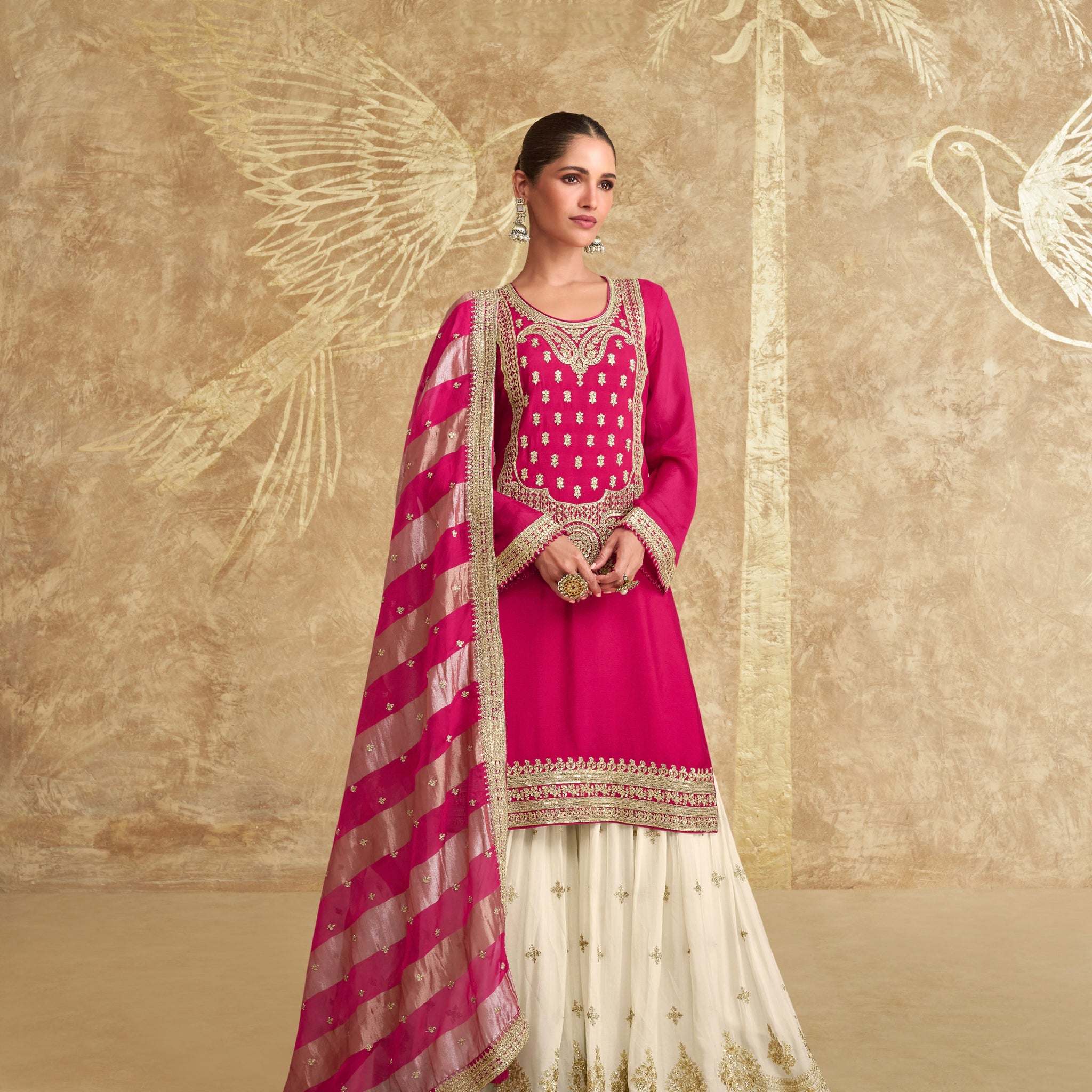 Pink Embroidered Sharara Suit with Striped Dupatta