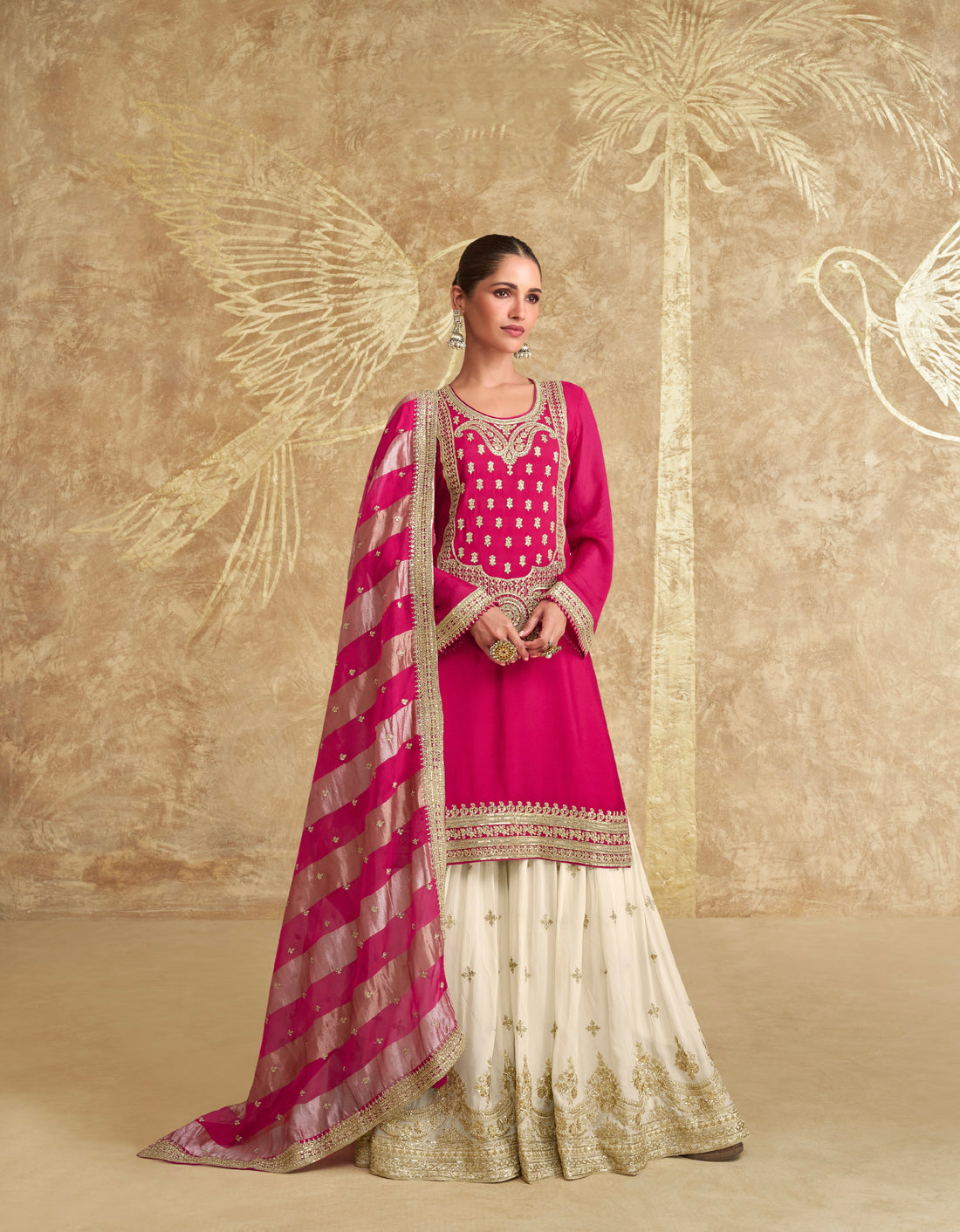 Pink Embroidered Sharara Suit with Striped Dupatta