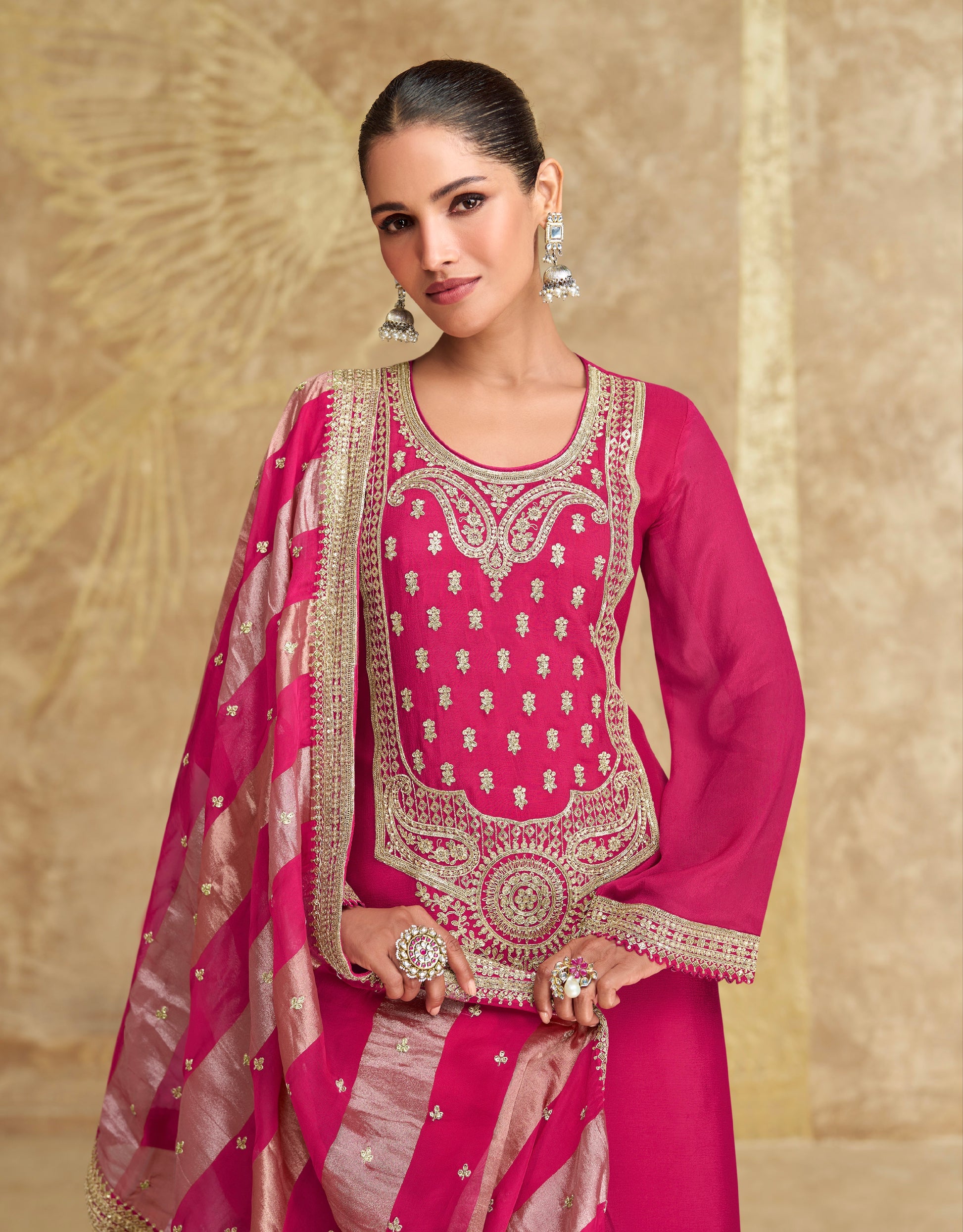 Pink Embroidered Sharara Suit with Striped Dupatta