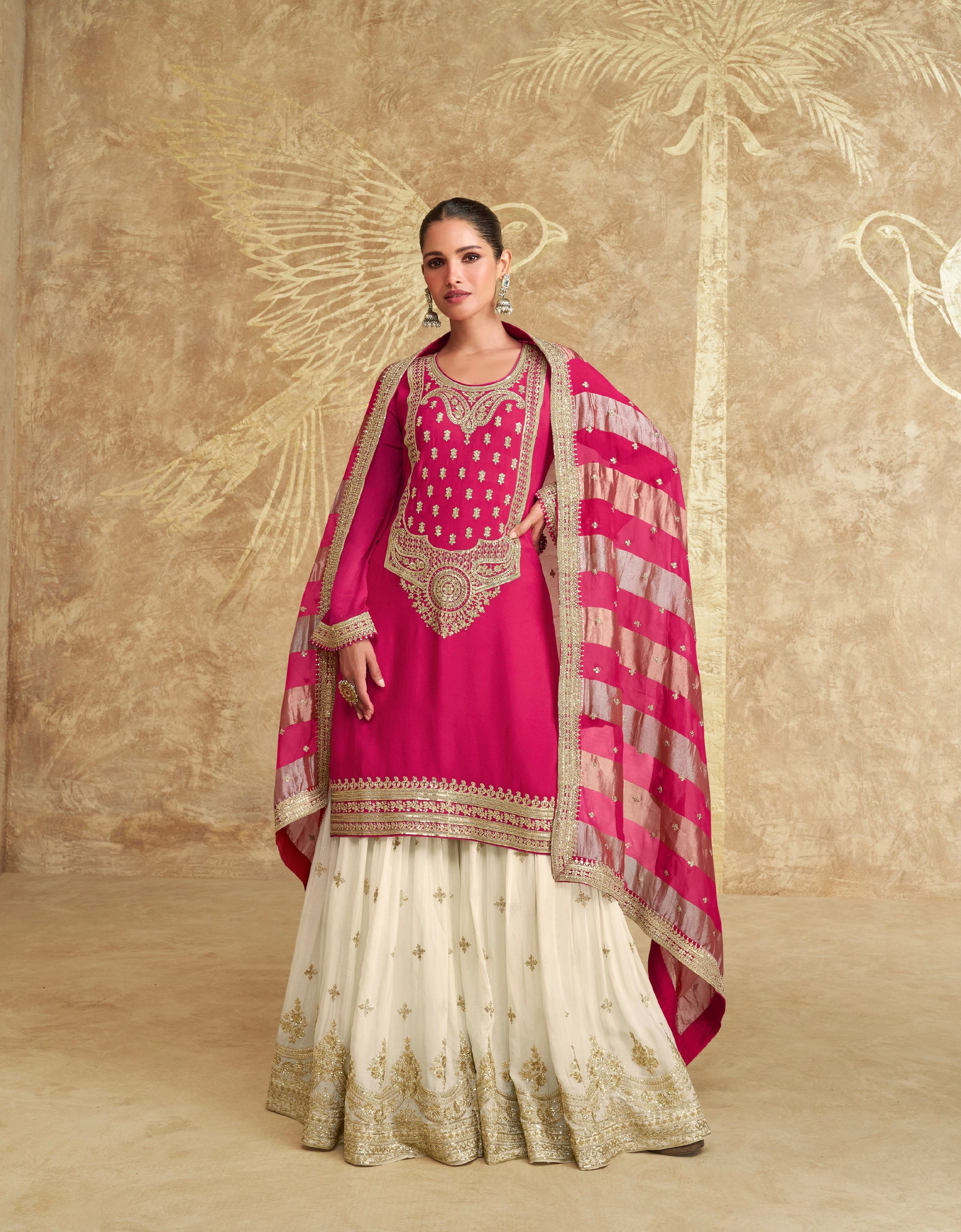 Pink Embroidered Sharara Suit with Striped Dupatta