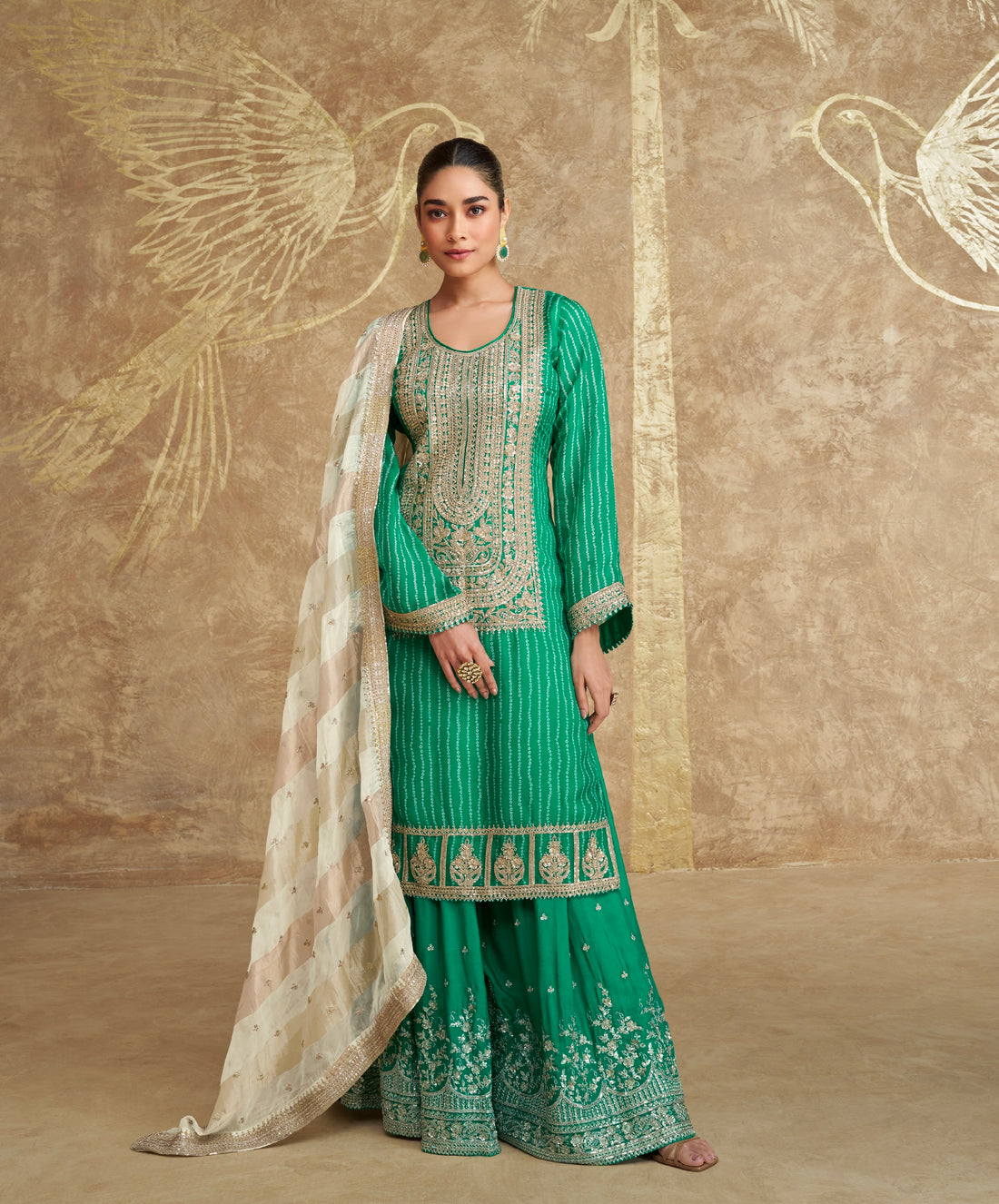 Green Embroidered Sharara Suit with Striped Dupatta