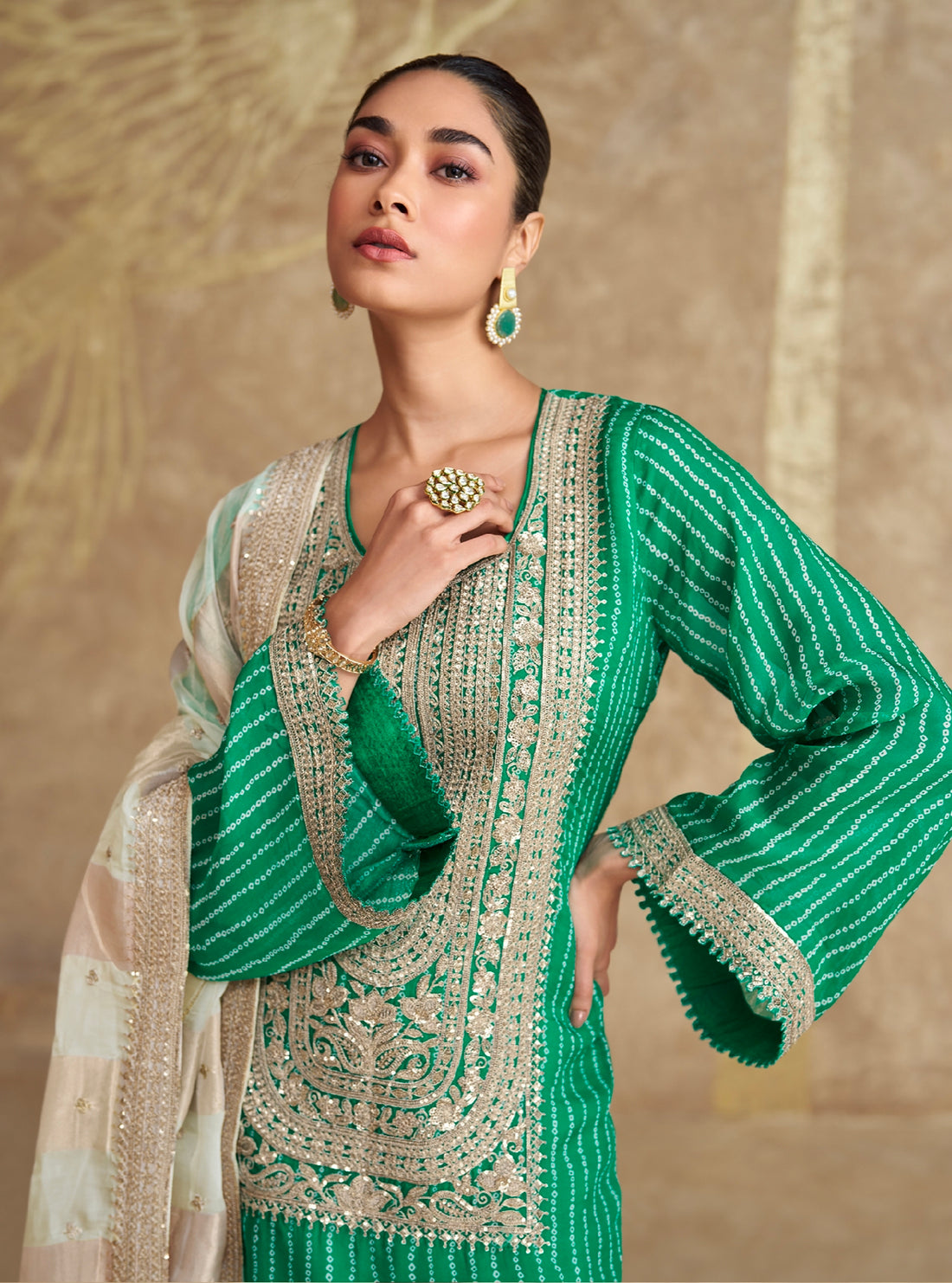 Green Embroidered Sharara Suit with Striped Dupatta