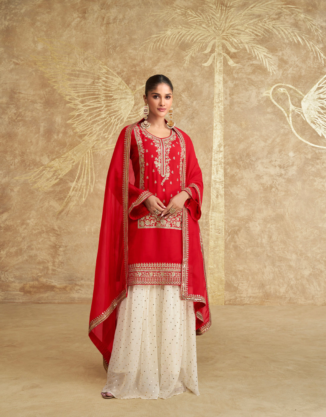 Red Chinon Silk Embroidered Sharara Suit with Striped Dupatta