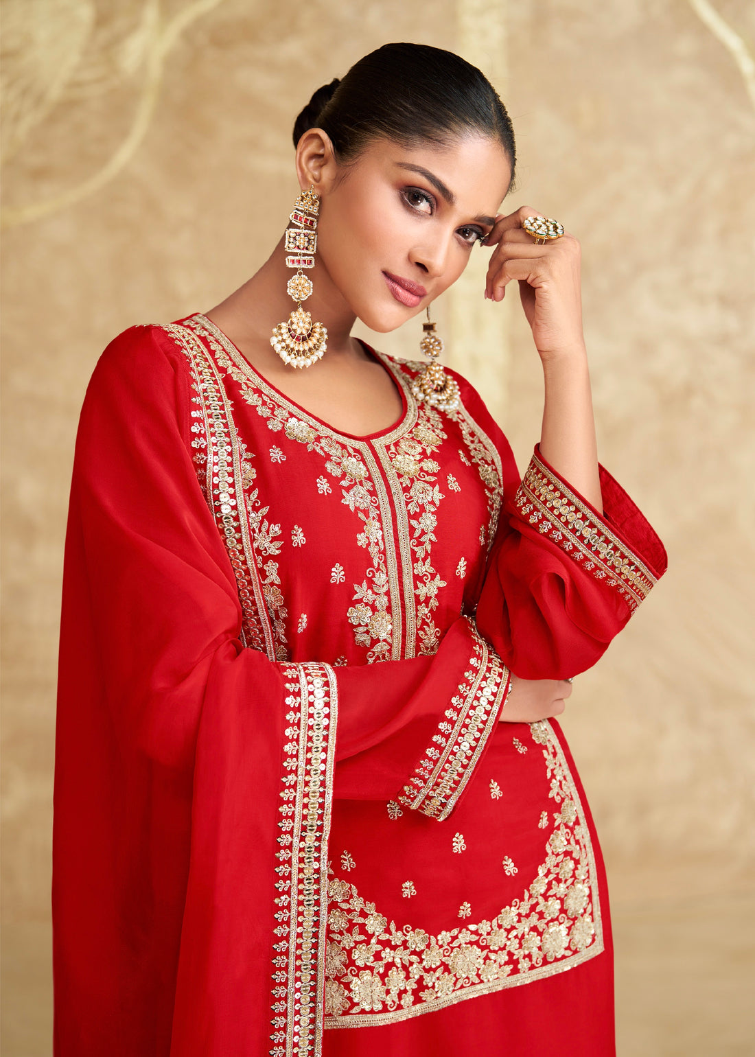 Red Chinon Silk Embroidered Sharara Suit with Striped Dupatta