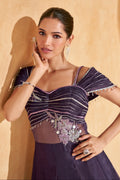 Purple Embroidered Off-Shoulder Gown in Chinon Silk