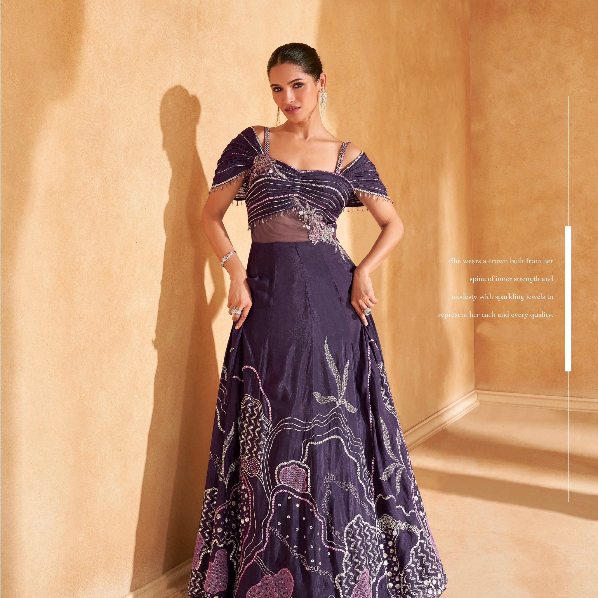 Purple Embroidered Off-Shoulder Gown in Chinon Silk