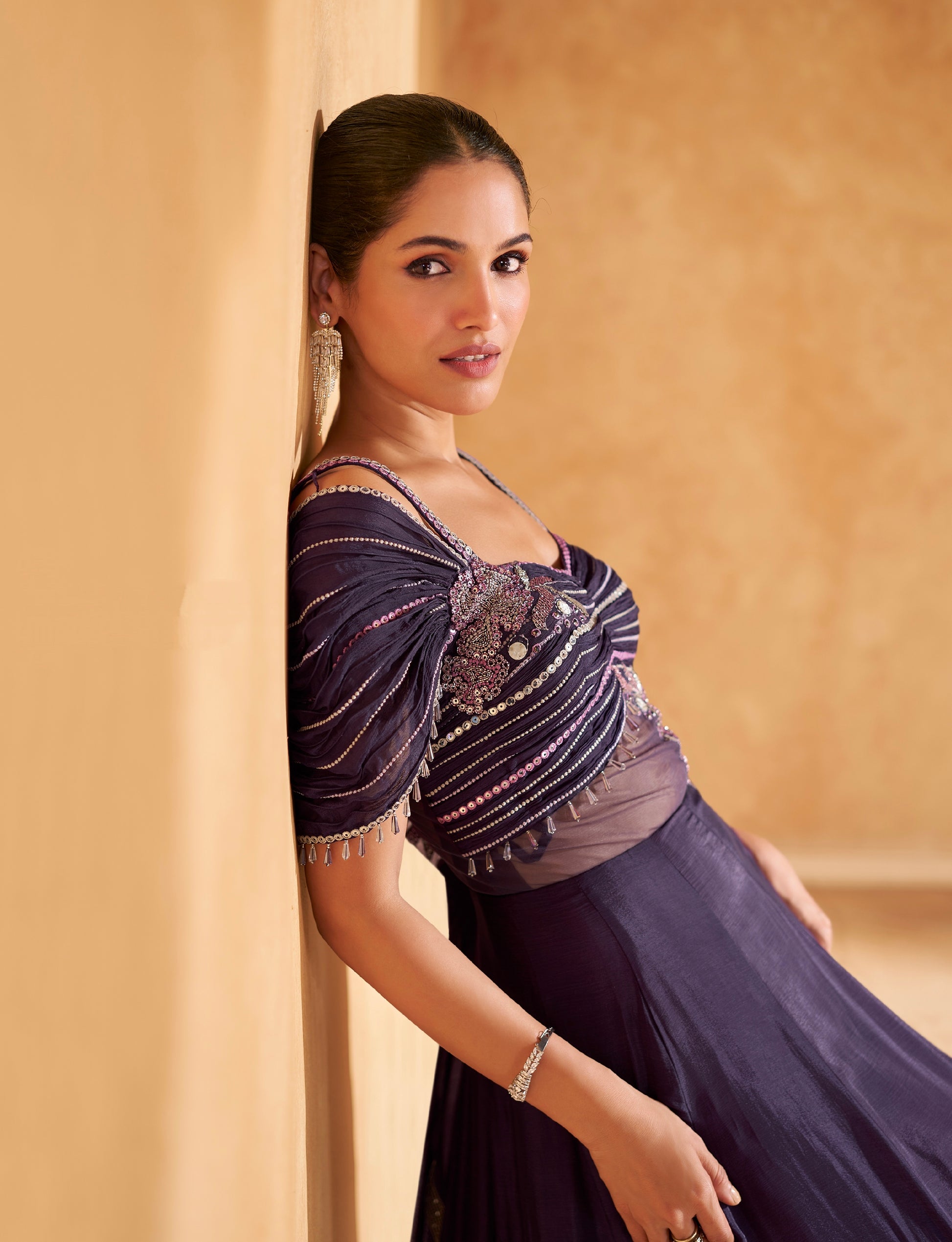 Purple Embroidered Off-Shoulder Gown in Chinon Silk