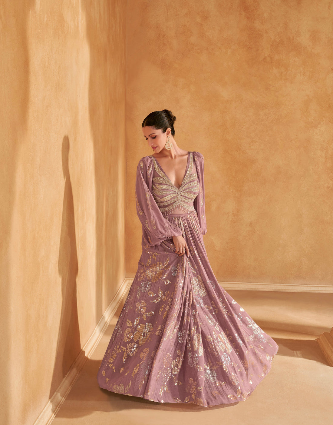 Lavender Dream V-Neck Embroidered Gown in Premium Chinon Silk