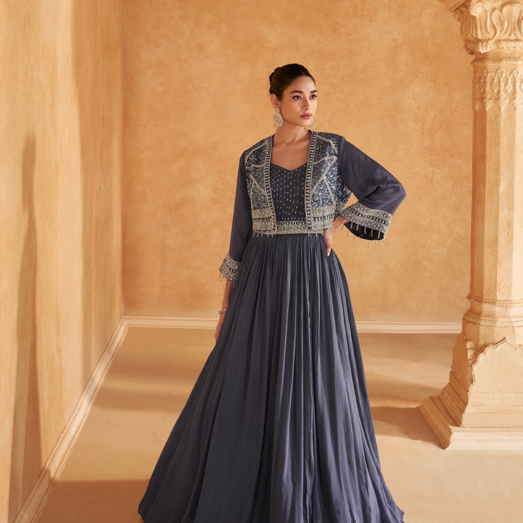 Grey Full-Sleeve Embroidered Gown in Real Chinon Silk