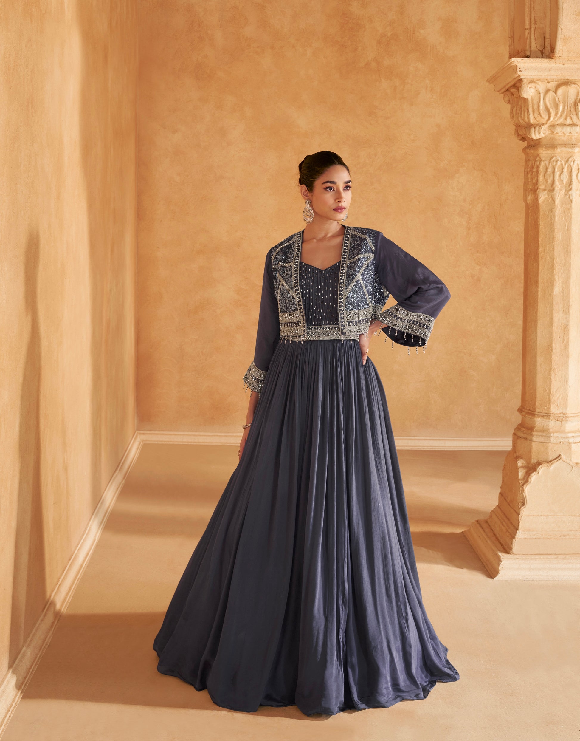 Grey Full-Sleeve Embroidered Gown in Real Chinon Silk