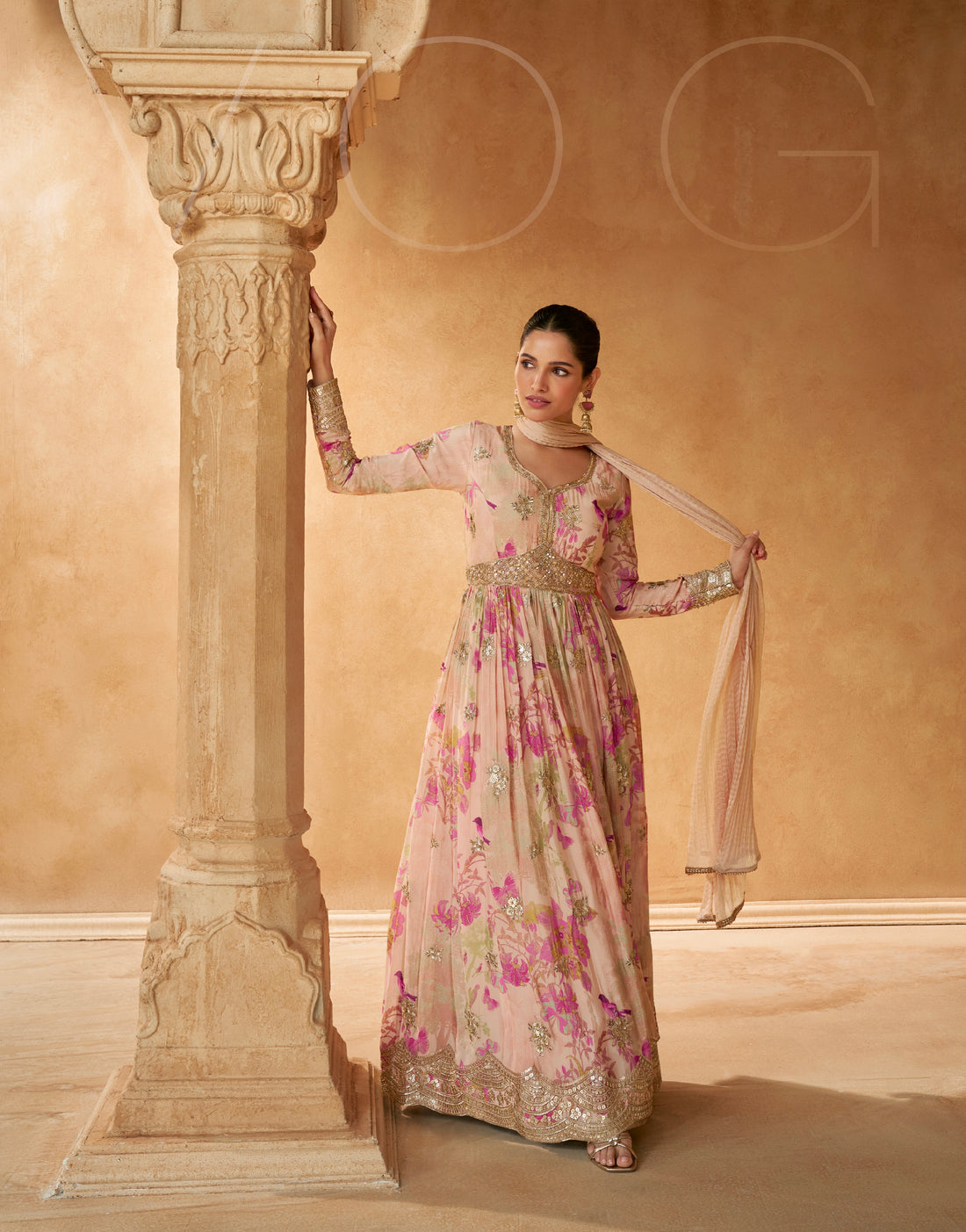 Soft Pink Floral Gown with Chinon Silk and Embroidered Details