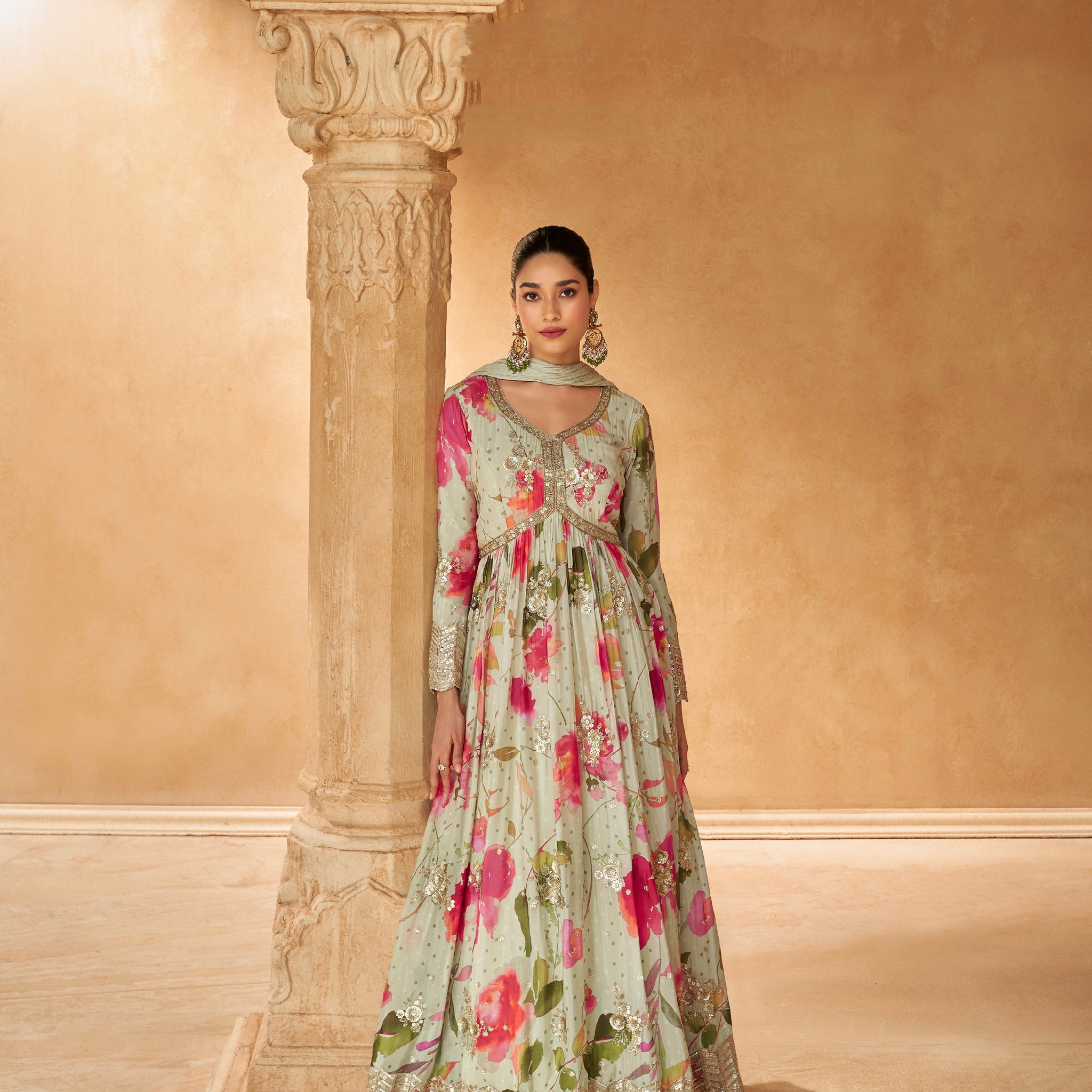 Mint Green Floral Embroidered Gown in Chinon Silk with Dupatta